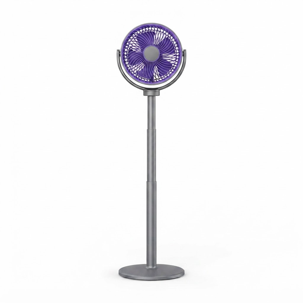 Purple pedestal air circulator fan with circular grille, tall pole, and base