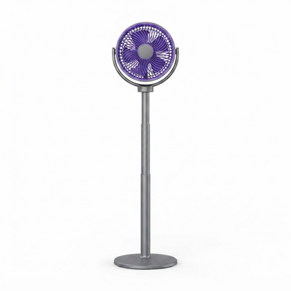 Purple pedestal air circulator fan with circular grille, tall pole, and base