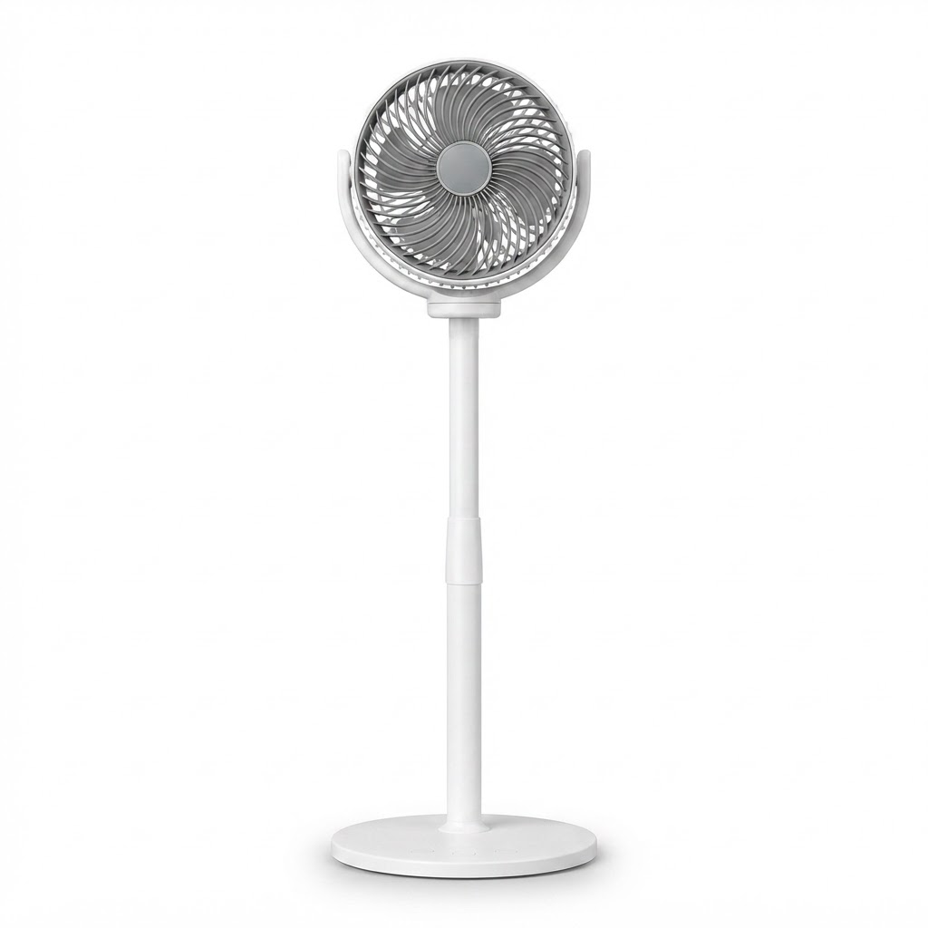 White pedestal air circulator fan with round grille and adjustable stand