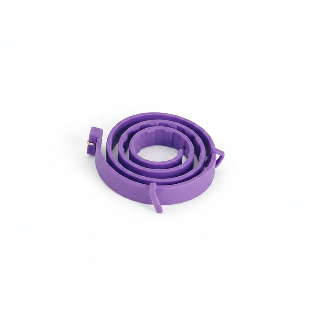 Adjustable pet calming collar, coiled purple strap with buckle and release tab