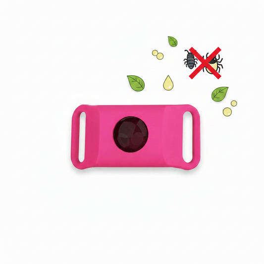 Pink flea and tick collar pendant tag with pest and leaf symbols