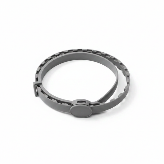 Adjustable pet calming collar, gray segmented band with slide clasp