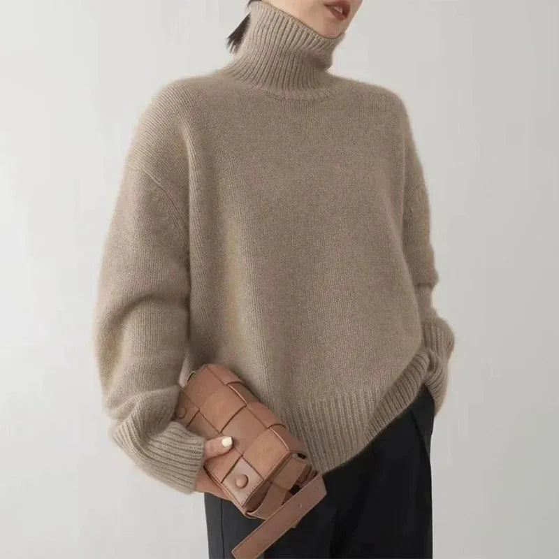 Ribbed turtleneck sweater in camel beige, long sleeves and fitted knit hem