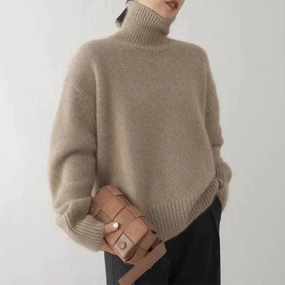 Ribbed turtleneck sweater in camel beige, long sleeves and fitted knit hem