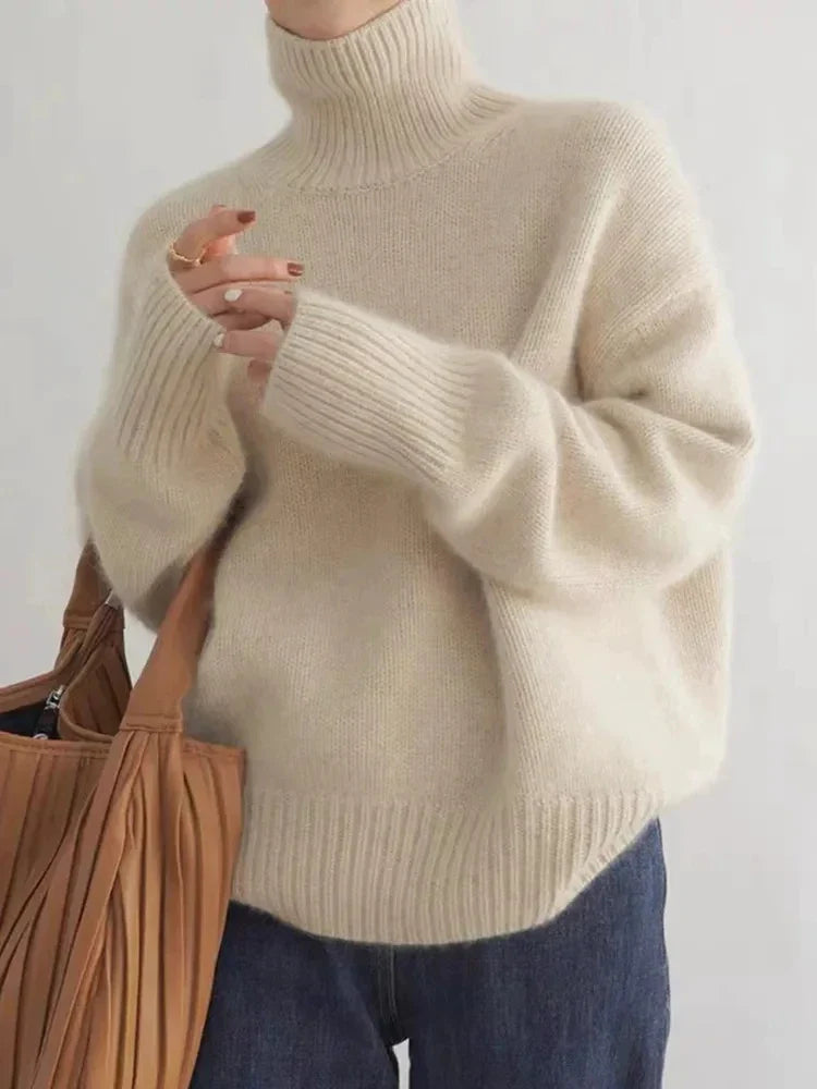 Ribbed turtleneck sweater in light camel beige, chunky knit long sleeves