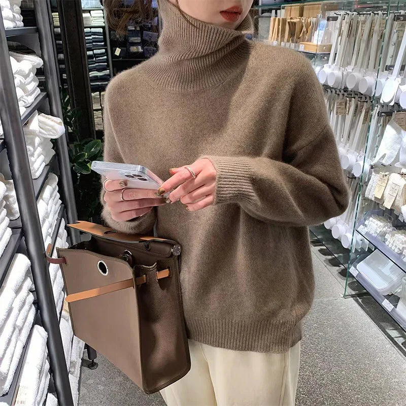 Ribbed turtleneck sweater in taupe brown, fold-over collar and long sleeves