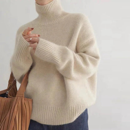 Ribbed turtleneck sweater in cream beige, high neck and ribbed cuffs
