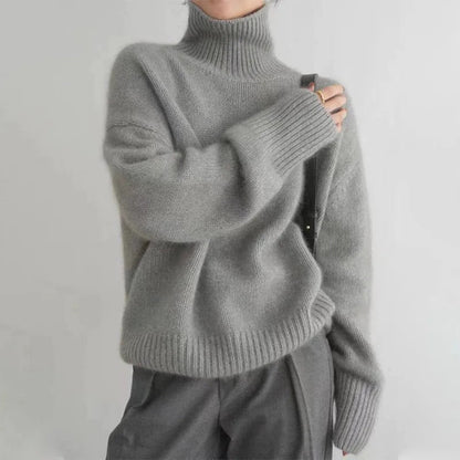 Ribbed turtleneck sweater in heather grey, high neck and chunky knit sleeves