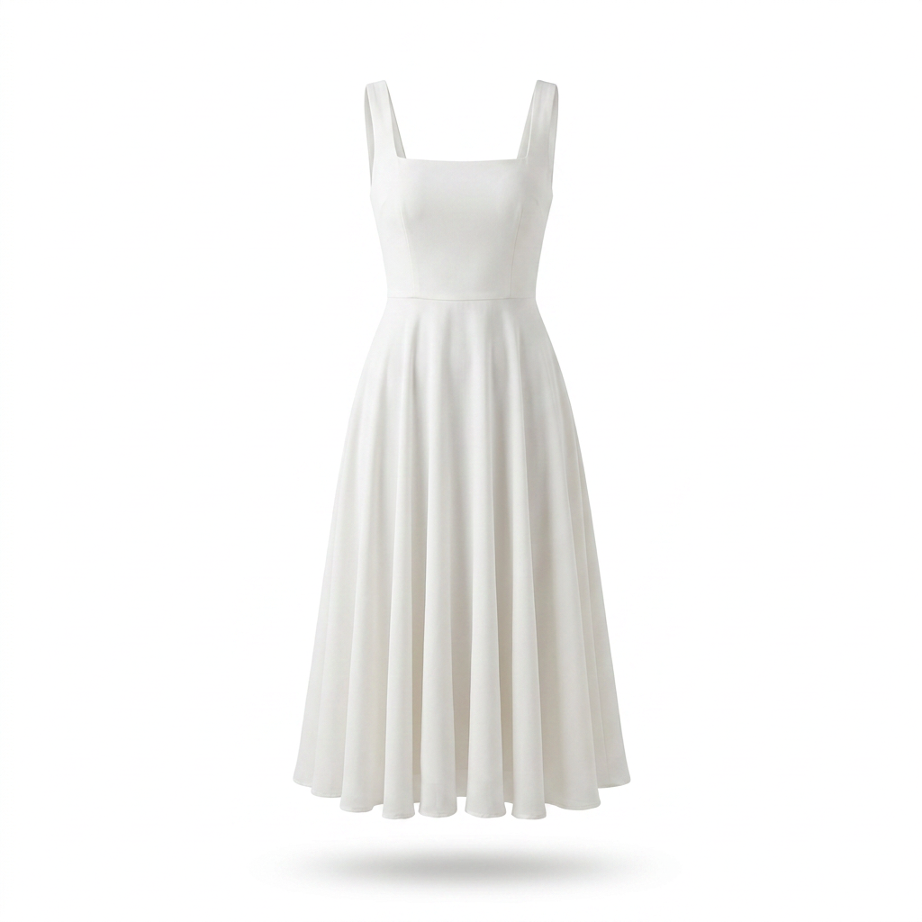 White sleeveless square-neck midi A-line sundress with pleated skirt