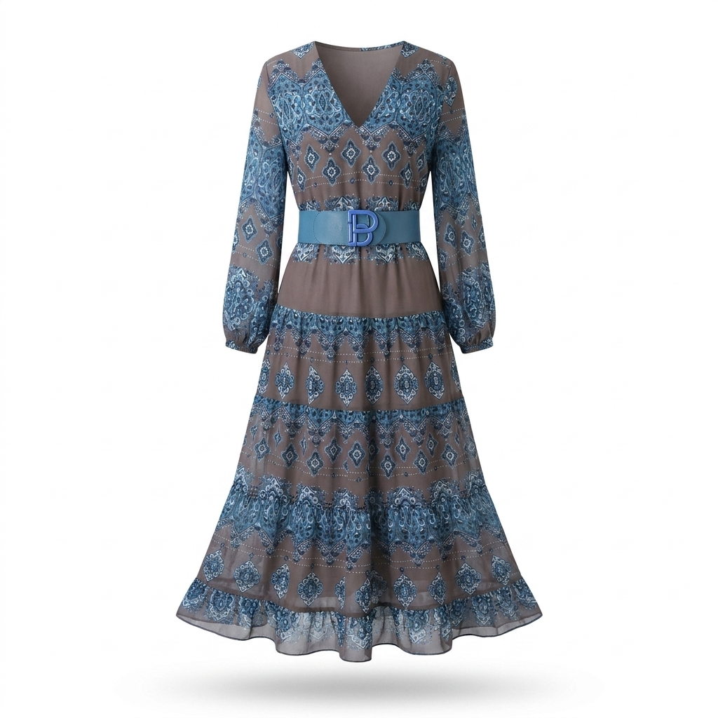 Bohemian tiered maxi dress in blue with long sleeves, diamond print, and waist belt