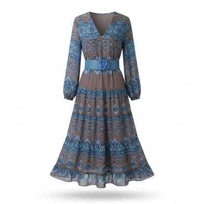 Bohemian tiered maxi dress in blue with long sleeves, diamond print, and waist belt