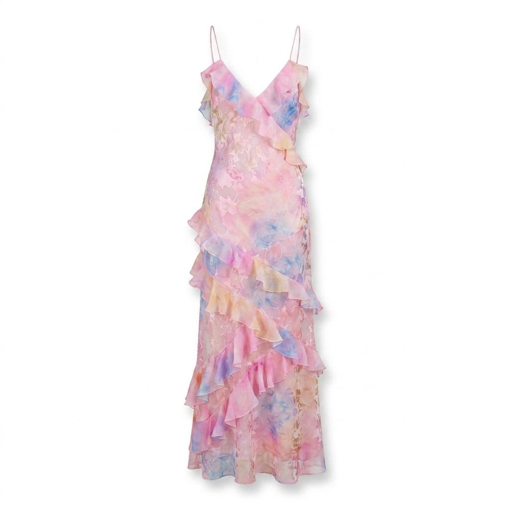 Spaghetti-strap ruffled tiered maxi dress, pastel floral print, studio flat lay
