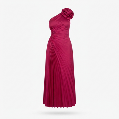 One-shoulder pleated maxi dress in rose red with ruched neckline and side cutout