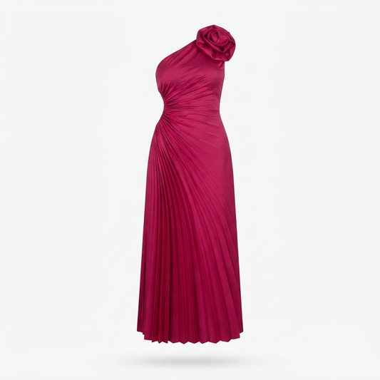 One-shoulder pleated maxi dress in rose red with ruched neckline and side cutout