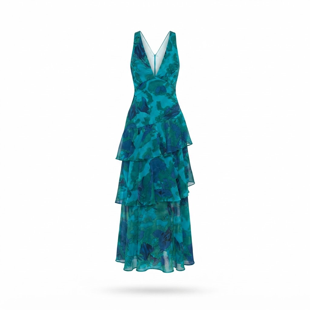 Deep V-neck tiered ruffle maxi dress, teal-blue floral, sleeveless with layered hem.