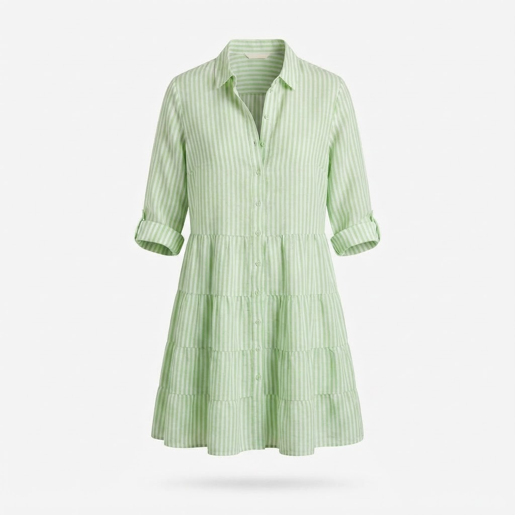 Green striped collared shirtdress with button front and tiered skirt, 3/4 sleeves