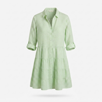 Green striped collared shirtdress with button front and tiered skirt, 3/4 sleeves