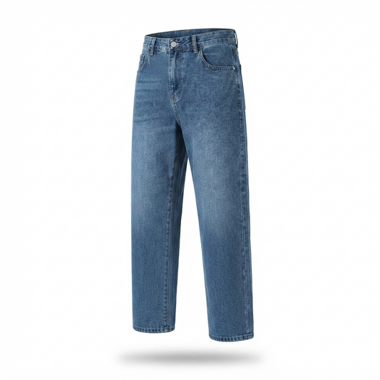 Men's straight-leg jeans, medium blue denim, button fly and belt loops