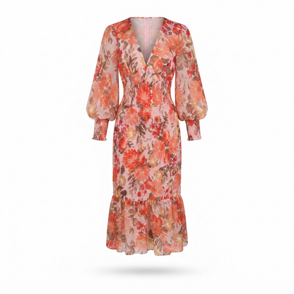 Orange floral smocked midi dress with long puff sleeves and V-neck