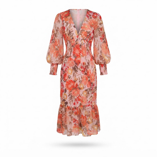 Orange floral smocked midi dress with long puff sleeves and V-neck