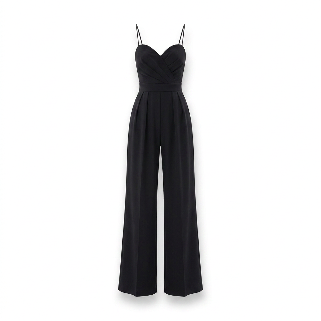 Black sweetheart-neck wide-leg jumpsuit with spaghetti straps and wrap-style bust