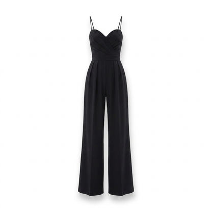 Black sweetheart-neck wide-leg jumpsuit with spaghetti straps and wrap-style bust
