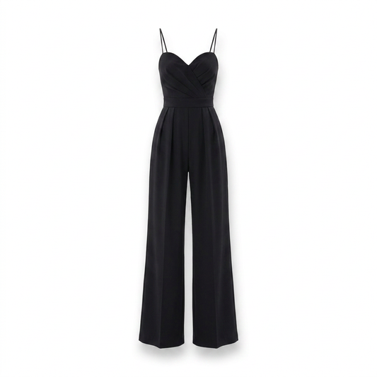 Black sweetheart-neck wide-leg jumpsuit with spaghetti straps and wrap-style bust