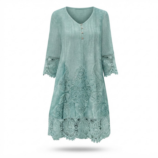 Bohemian lace tunic dress, V-neck button front, embroidered panels, lace-trimmed sleeves, teal