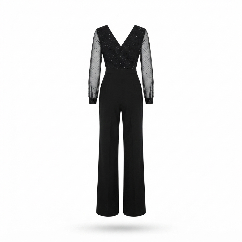 Black mesh long-sleeve V-neck jumpsuit with wide legs
