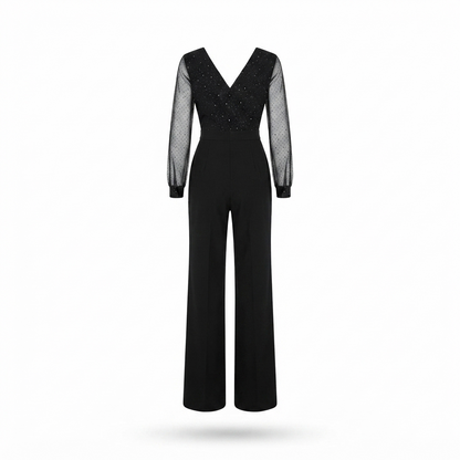 Black mesh long-sleeve V-neck jumpsuit with wide legs