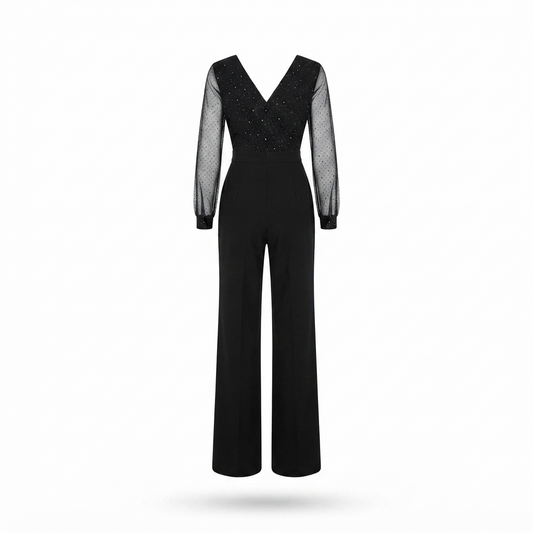 Black mesh long-sleeve V-neck jumpsuit with wide legs