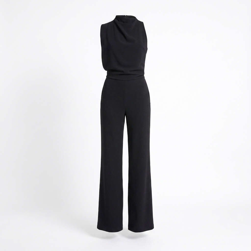 Black sleeveless belted jumpsuit with wide-leg pants, viewed from the back.