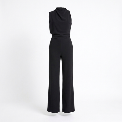 Black sleeveless belted jumpsuit with wide-leg pants, viewed from the back.