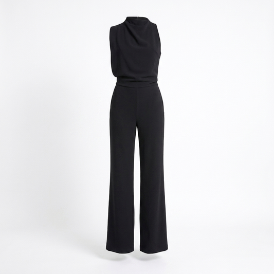 Black sleeveless belted jumpsuit with wide-leg pants, viewed from the back.